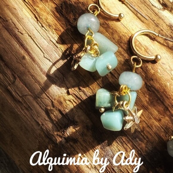 Aquamarine Gold long dangle drops gemstone earrings - Picture 1 of 1